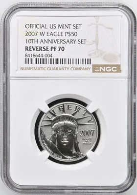 2007 Reverse Proof $50 Platinum Eagle 1/2 oz NGC PF-70 10TH ANNIVERSARY SET - Image 1 of 2