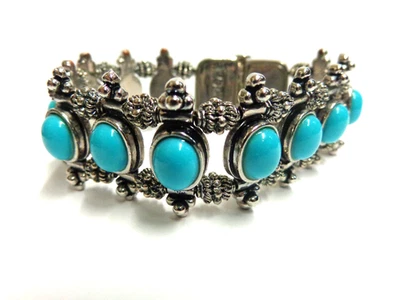 Silver plated turquoise bracelet sz 8 in lg wgt 105.9 grams 20 oval turquo stone - Image 1 of 4