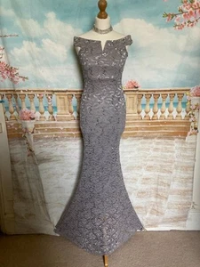 Evening Dress 8 Grey Sequin Fishtail Bardot Stretch Lace Quiz Ballgown Long - Picture 1 of 7