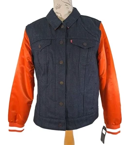 LEVI'S Chicago Bears Varsity Jacket NFL Denim Orange Navy BNWT Women's Size XL - Picture 1 of 24