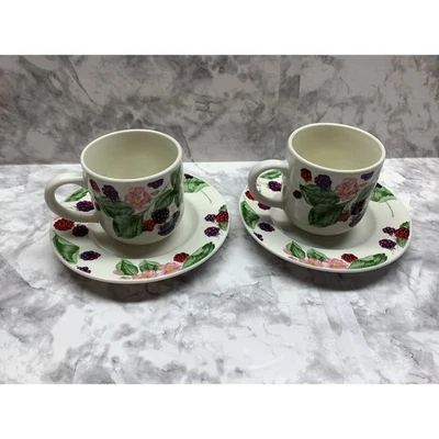 Juego de 2 tazas y platillos de gres Tienshan patrón "Raspberry Social" - seminuevos Foto 1 de 4