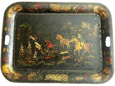 Antique Tole Folk Art Bronze Stenciled Hunt Scene Horse Lacquered Tin Tray 23X17 Foto 1 de 4