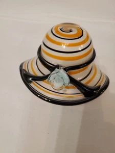 Block Crystal Hand Blown White/Orange/Black Art Glass Hat Blue Flower Bowl Vase - Picture 1 of 7