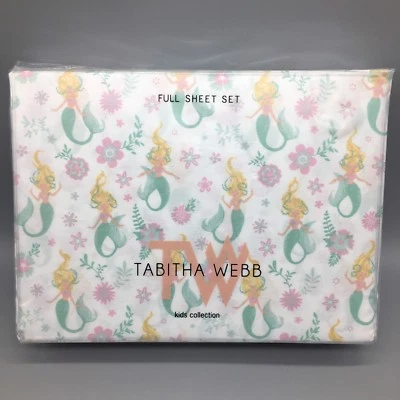 4pc Mermaid FULL Sheet Set Floral Ocean Pink Mint Green Tabitha Webb Designer - Image 1 of 4