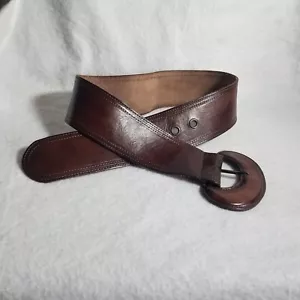 Women’s Wide Belt 38 Brown Leather Fabric Lining Rounded Buckle Quad Stitching - Picture 1 of 9