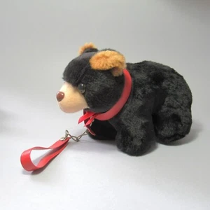 Vintage Black Plush Bear Toy With Red Collar & Leash Smoky Bear - Picture 1 of 10