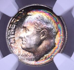 1947-D Roosevelt Silver Dime - NGC MS64* Star Rainbow Toned!