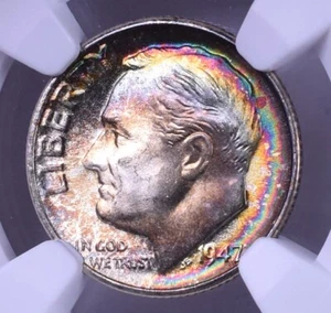 1947-D Roosevelt Silver Dime - NGC MS64* Star Rainbow Toned! - Picture 1 of 3