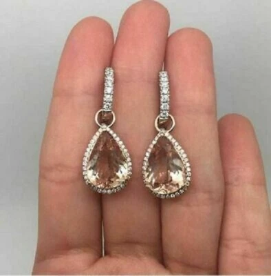 4Ct Pear Cut Morganite Diamond Drop & Dangle Earrings Solid 14K Rose Gold Finish - Image 1 of 4
