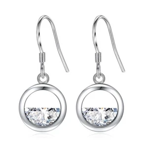 925 Sterling Silver Circle Lake Water CZ  Dangle/Drop Hook Earrings Women Gift - Picture 1 of 6