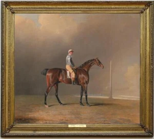 Antiguo arte maestro hecho a mano pintura al óleo antigua bahía hombres caballo de carreras sobre lienzo - Imagen 1 de 2
