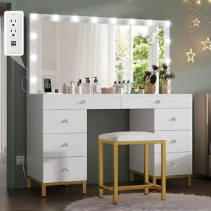 White Vanity Desk Set 8 Drawers Makeup Glass Tabletop with 14 LED Lighted Mirror - Picture 1 of 11