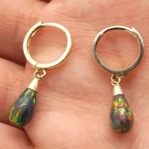 14K Yellow Gold Pear Shaped Black Fire Opal Huggie Hoop Dangle Earrings 1.06" - Picture 1 of 5