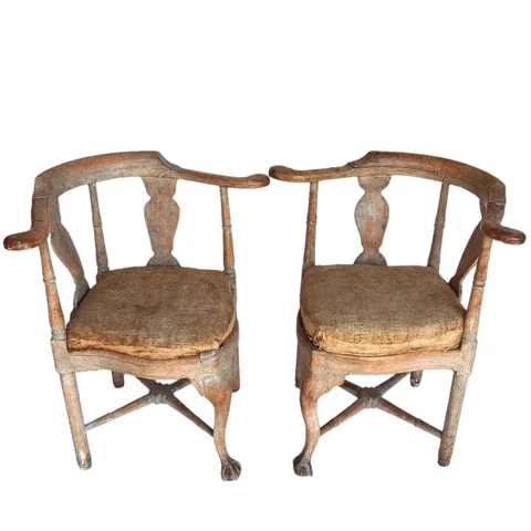Pair Swedish Beechwood Linen Upholstered Seat Corner Armchairs Cover