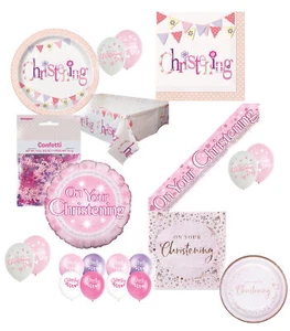 Girls Pink Christening Party Decorations Balloon Banners Napkins Tableware Plate - Picture 1 of 14