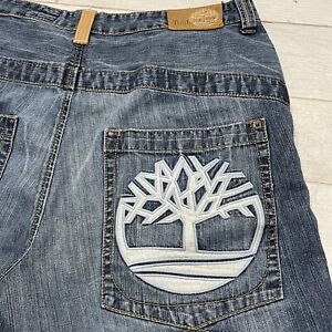 Timberland Jean Shorts Men's 38 Blue Cotton Embroidered Baggy Skater Hip Hop