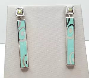 Flli Menegatti Solid 925 Sterling Silver Turquoise Enamel Peridot Long Earrings - Picture 1 of 3