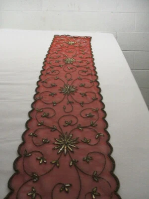 Mediterranean TABLE RUNNER Red Sequins Beads 14" x 72" Silky Thin Some Fraying - Image 1 of 4