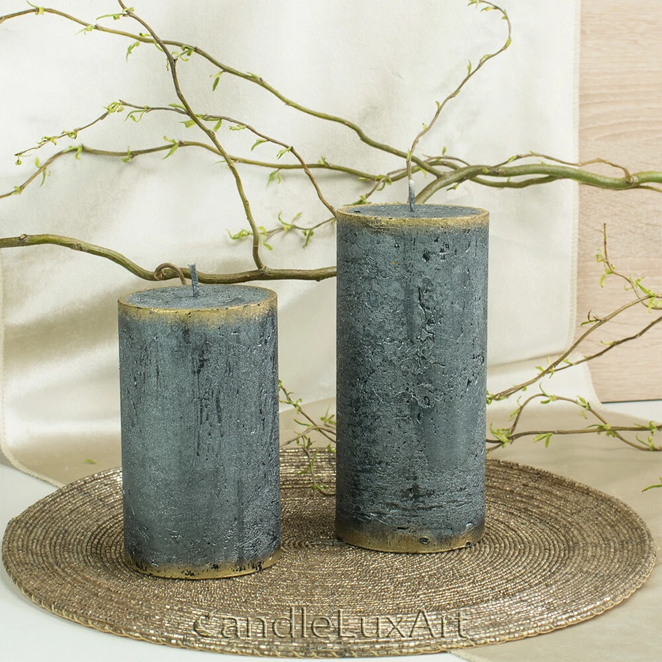 Stumpenkerzen Rustic Patiniert Metallic Grau Kerzen Geschenk Weihnachten Advent - Bild 1 von 1