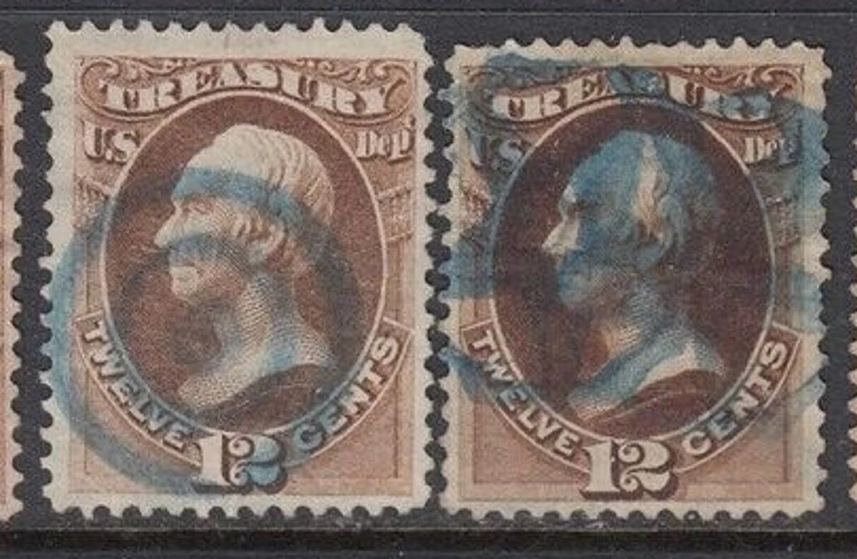 12c TREASURY DEPT - BANKNOTE OFFICIALS - LOT of 2 w BLUE FANCY CANCELS !! - Image 1 of 1