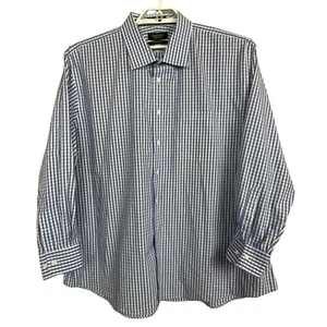 Nordstrom Men’s Shirt 19 34/35 Blue White Plaid Non-Iron Cotton Button Up - Picture 1 of 8