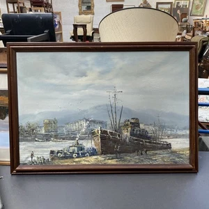 Vintage Large Oil Painting Of A Boat Docked With A Tug Boat And Skyline Signed - Picture 1 of 8