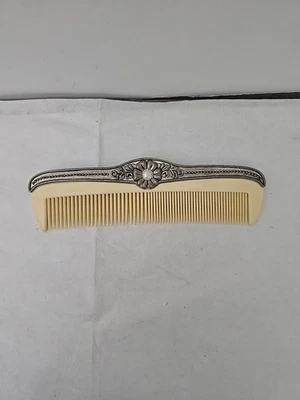 Silver Plated Celluloid Comb Ornate Flower Pearl Design Vanity 7.25” Vintage - Image 1 of 4