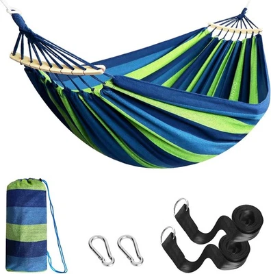 Outdoor Cotton Hammock with Spreader Bars & Tree Straps – Portable - Blue/Green - Image 1 of 4