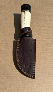 Damascus Knife with Animal Bone Handle and Leather Sheath - Picture 1 of 2