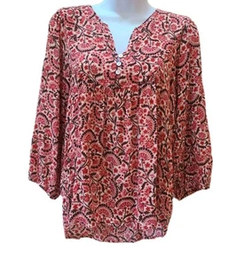 Mason & Belle Womens L Top Boho Peasant Pullover Orange Floral 3/4 Sleeve - Picture 1 of 14