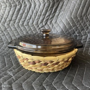 Anchor Hocking Vintage 1.5 Qt Casserole Amber/Brown Round Ovenware Dish/Basket! - Picture 1 of 5