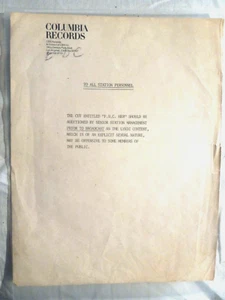 Columbia Records obscenity warning memo for Ronnie Wood LP to radio stations - Picture 1 of 1