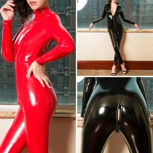 Womens Shiny Bodysuit PVC Faux Leather Catsuit 2 Way Zipper Long Sleeve Jumpsuit - Picture 1 of 16