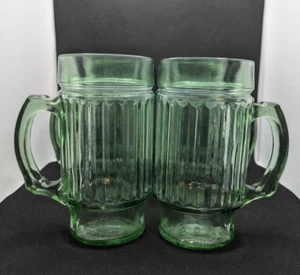 Set of 6 Ribbed Anchor Hocking Green Glass Handle Beer Mugs Steins - Picture 1 of 12