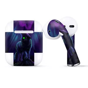 Skins Wraps compatible for Apple Airpods  Wolf in glowing purple background - Picture 1 of 2