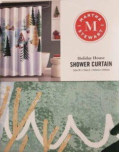 Martha Stewart Holiday House Fabric Shower Curtain 72"x72" Green Gold Red Blue - Picture 1 of 7