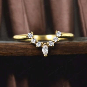 925 Sterling Silver 3x1.5 mm Marquise Moissanite Band Yellow Gold Plated Band - Picture 1 of 7