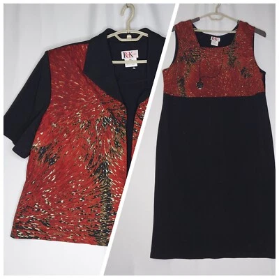 Conjunto Chaqueta de Vestido R&K 24W Rojo Negro Metálico Midi Funda Vacaciones Fiesta Artística Foto 1 de 4