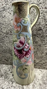 Antique 11.5" Vase/Pitcher Hand Painted Roses Heavy Gold Gilt - Picture 1 of 5