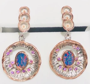 Sea Urchin Dangle Australian Opal Doublet Earrings Purples Rose gold accents - Picture 1 of 12