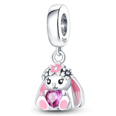 S925 Sterling Silver Cute Bunny Holding Heart Charm For Bracelets + Gift Bag - Image 1 of 4