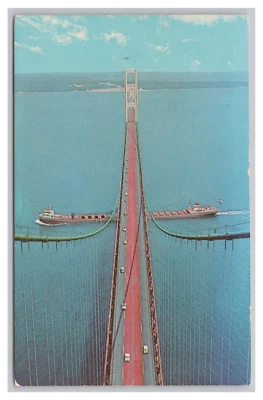 Mackinac Bridge MI Barge Cargo Ship Going Under Aerial View Postcard - Image 1 of 2