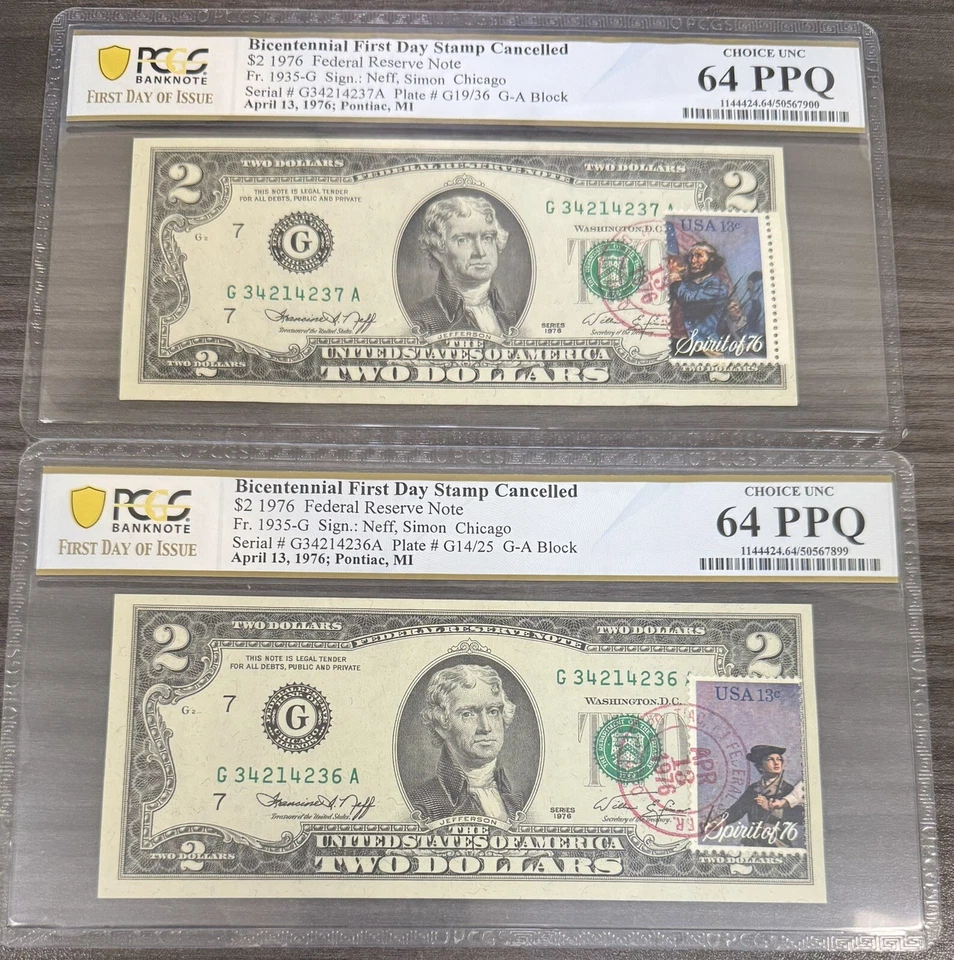 1976 $2 Two Dollar Bill - Stamped 4/13/1976 PCGS 64 PPQ FDOI 2 Consecutive SN V3 - Image 1 of 1