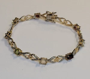 Sterling Silver Garnet Spinel Tourmaline Hearts Tennis Bracelet 7in Long Vintage - Picture 1 of 12