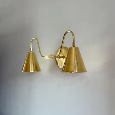 Handmade Brass Wall Sconce: Chrome Finish, Dual Cone Shades - Image 1 of 4