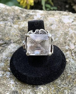 Vintage Style Asscher Cut Rock Crystal CZ Cocktail Ring Sterling Silver Size 7 - Picture 1 of 10