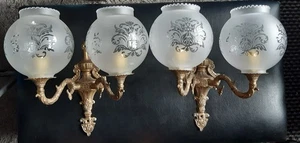 Vintage Pair Double Arm Brass Finish Wall Lights With Glass Shades - Picture 1 of 7