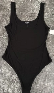 Naked Wardrobe Scoop Neck Bodysuit Thong Ribbed Capsule Minimalist Black L - Picture 1 of 7
