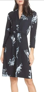 French Connection Laila Slinky Jersey Floral Dress UK 10 Belted VNeck Black Blue - Picture 1 of 9