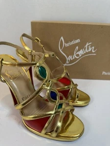 Christian Louboutin Women’s Stilettos Size 38.5 Color Gold With Colorful Patches - Picture 1 of 16